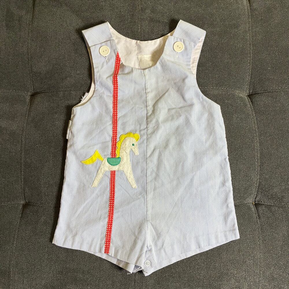 Vintage 70s Seersucker Baby Boy Romper 12m Smocked Embroidered Horse